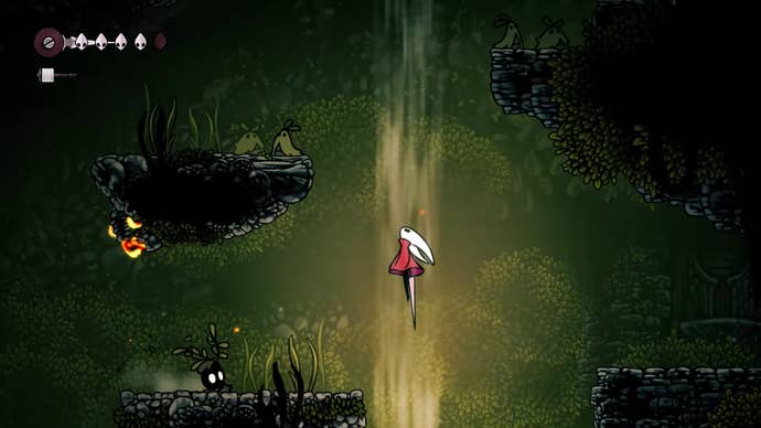 Hollow Knight Silksong screenshot showing Hornet character ascending vertically through a lush green environment