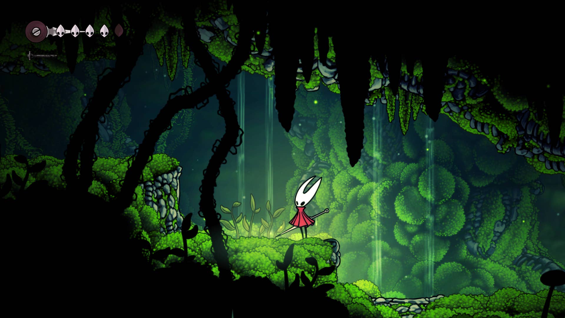 Screenshot of Hollow Knight: Silksong showing the path through the cave of Moss.