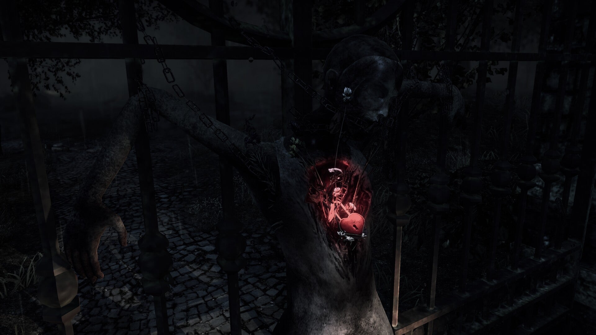 A heart-shaped padlock can be seen around a corpse's neck, hanging from a gate in Hollowbody - 6