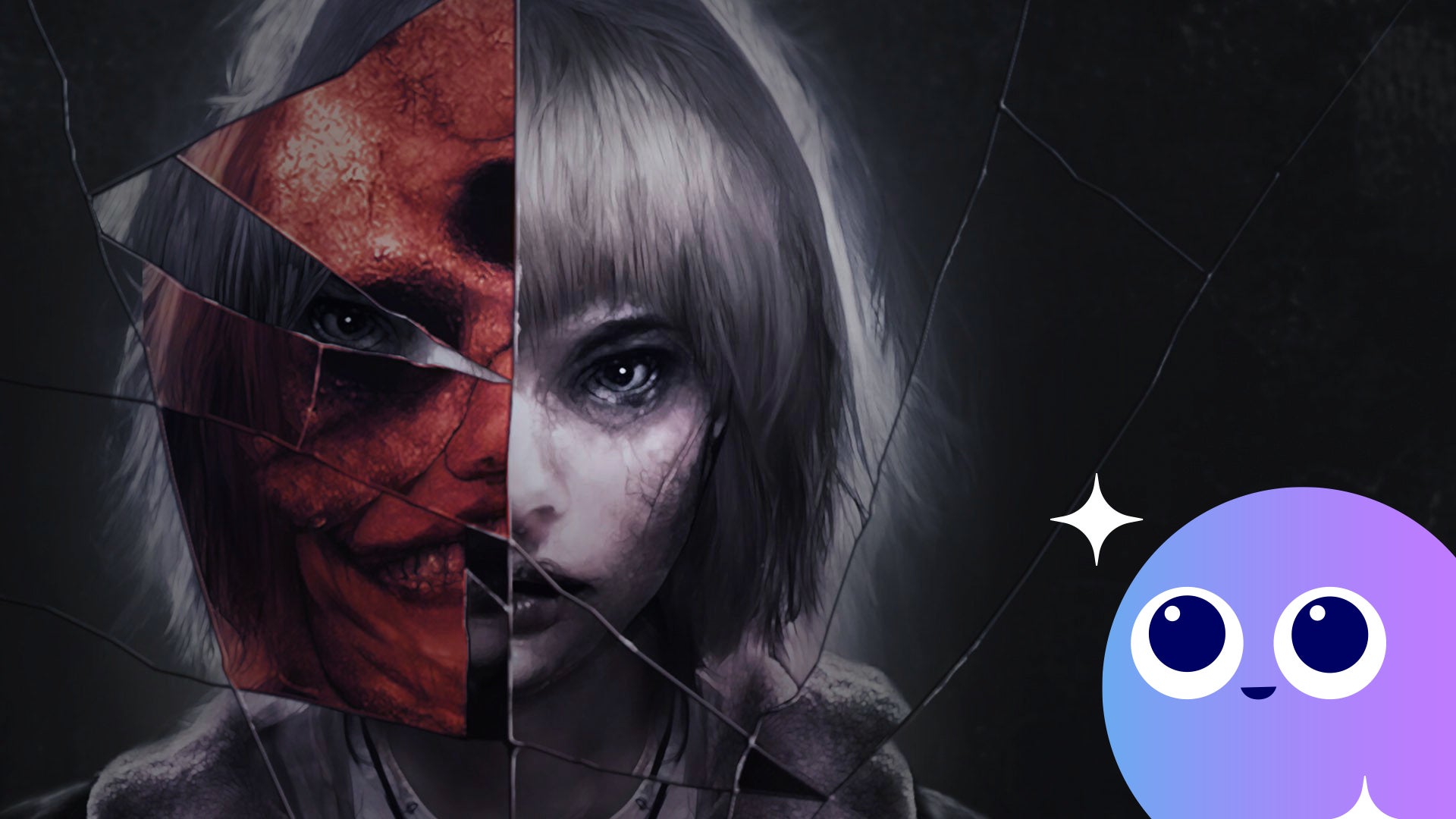 A woman's face is half-shown in muted nearly black and white colours on one side, whilst on the other side, it's shattered like a mirror – and red, and angry. In the bottom corner, the WIshlisted icon. - 1