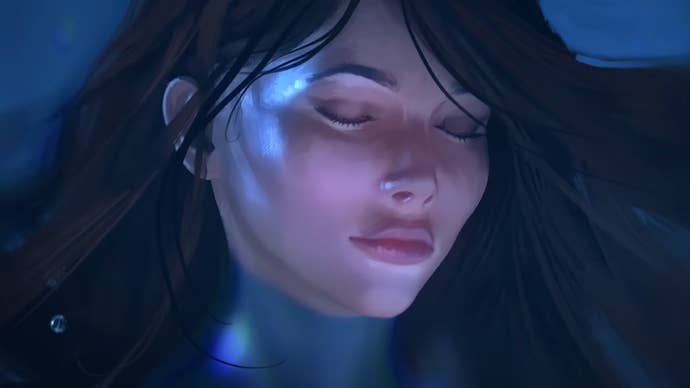 Close up of Imogen S’jet with their eyes closed in the Homeworld 3 trailer.