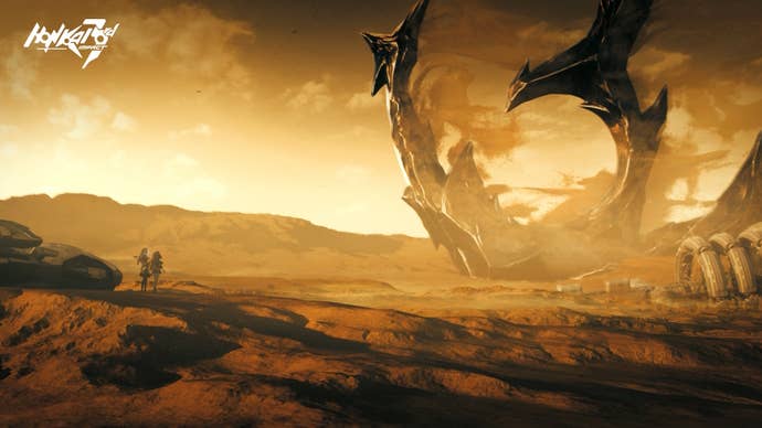 two female characters looking at a huge structure on mars with an orange tint to the image