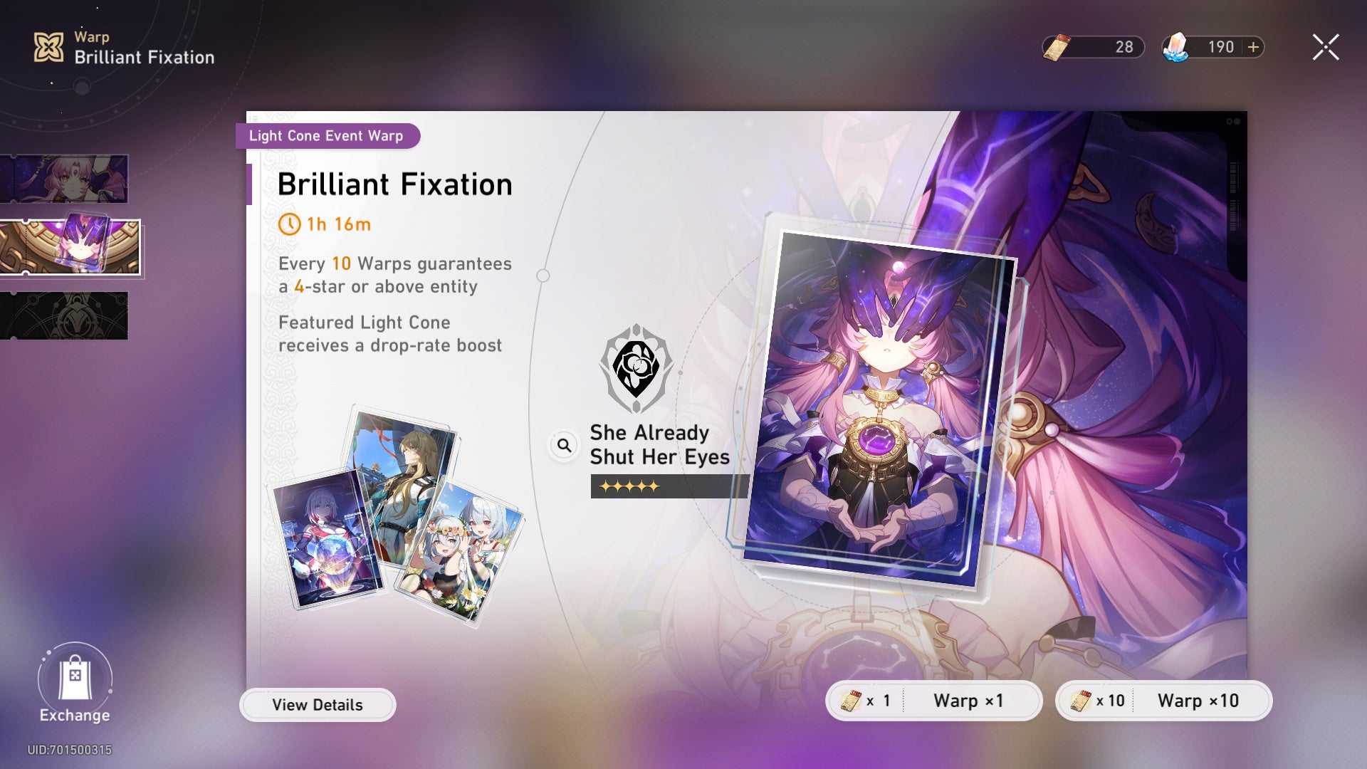 light cone brilliant fixation banner showing the &lsquo;she already shut her eyes&rsquo; five star weapon picture