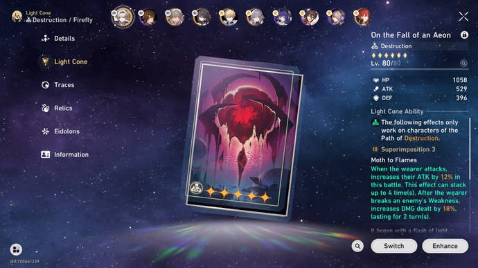 The best 4-Star Light Cone for Firefly are shown in the character menu in Honkai Star Rail