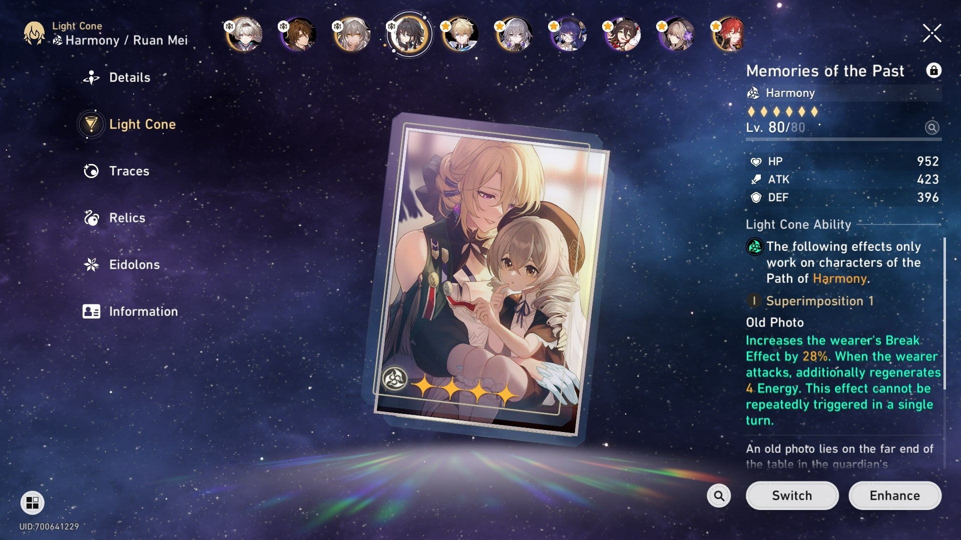 Ruan Mei's best 4-Star Light Cone is shown in the character menu of Honkai Star Rail - 3