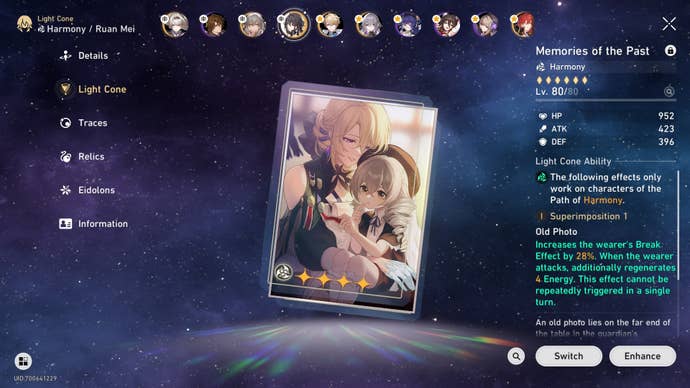 Ruan Mei’s best 4-Star Light Cone is shown in the character menu of Honkai Star Rail