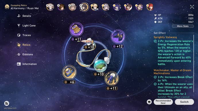 Ruan Mei's best relics and decorations are shown in the Honkai Star Rail character menu