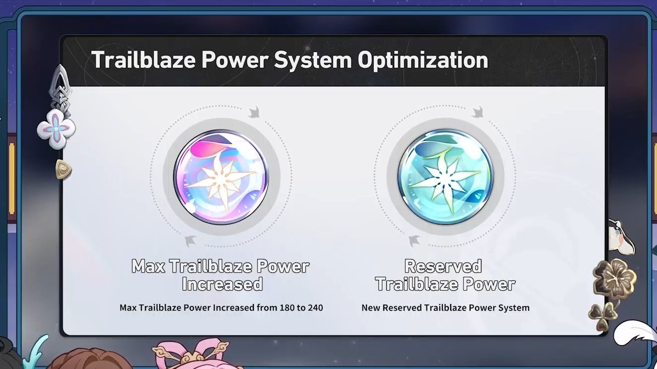 Green and light red orbs showing increased trailblaze power and rsserved trailblaze power.