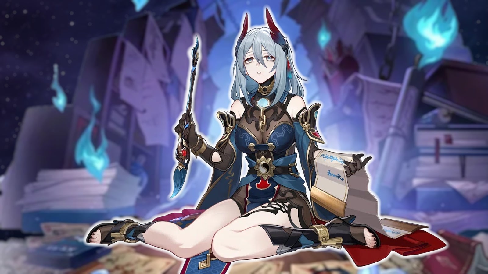 splash art of hanya with a white outline around her and a slightly blurred background with a space backdrop