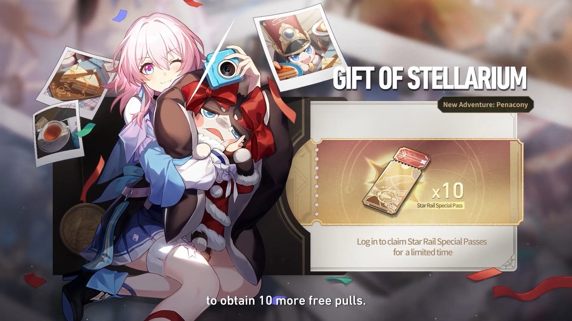 Gift of Stellarium event showing 10 free Special Star Rail Passes in Honkai Star Rail 2.0.