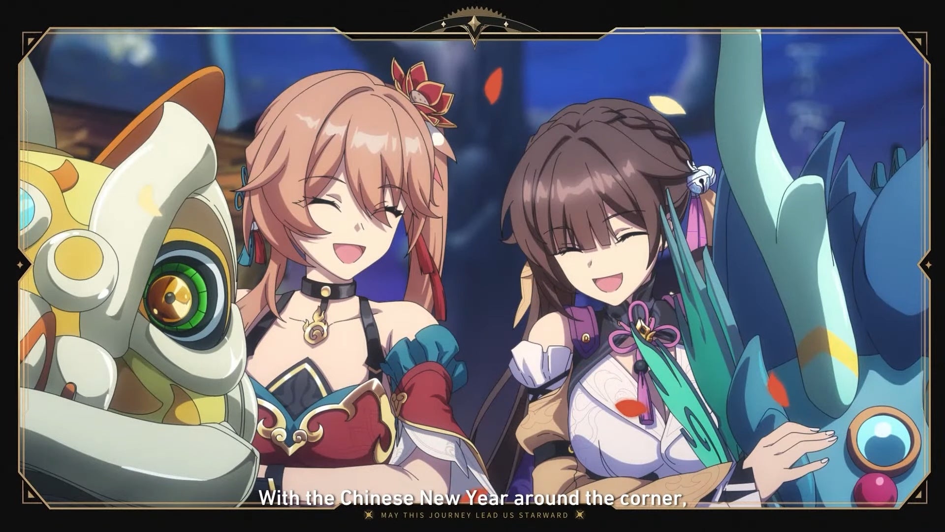Guinafen and Sushang holding Chinese New Year dragon masks and smiling in a Honkai Star Rail animated short.