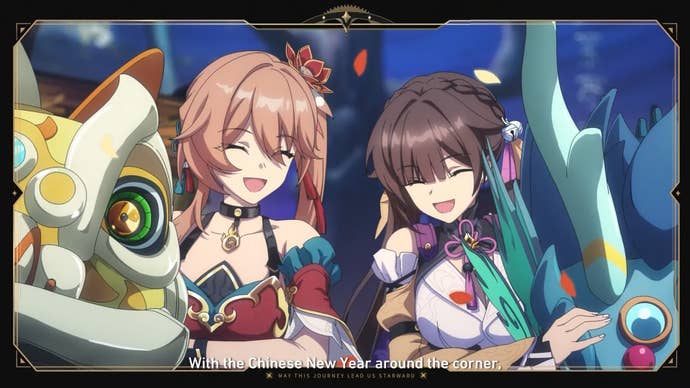 Guinafen and Sushang holding Chinese New Year dragon masks and smiling in a Honkai Star Rail animated short.