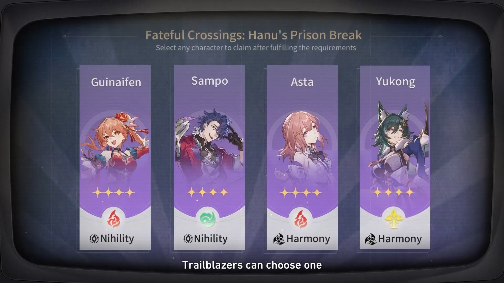 A character selector reward for the Hanu&rsquo;s Prison Break event in Honkai Star Rail 2.0 with Guinafen, Sampo, Asta, and Yukong.