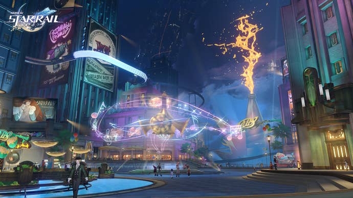 Street view of Penacony at night in Honkai Star Rail shwoing city lights, traffic, and a large orange eruption in the background.