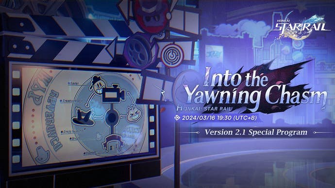 Livestream artwork for Honkai Star Rail version 2.1, with Clockie animation pictures in the background, and a patch title reveal of 'Into the Yawning Chasm'.