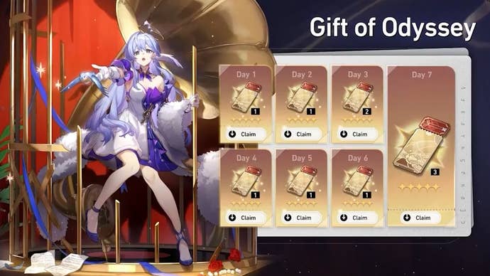 Honkai Star Rail Gift of Odyssey check-in event with Special Star Passes as rewards, and Robin’s splash artwork show to the left.