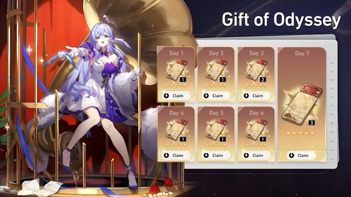 Honkai Star Rail Gift of Odyssey check-in event with Special Star Passes as rewards, and Robin's splash artwork show to the left.