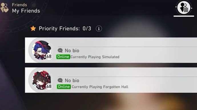 The friend menu in Honkai Star Rail with real-time statuses displayed showign what they’re doing.
