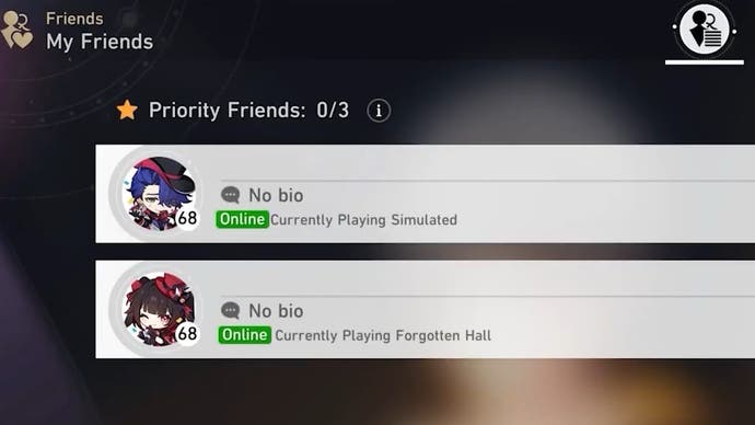 The friend menu in Honkai Star Rail with real-time statuses displayed showign what they're doing.