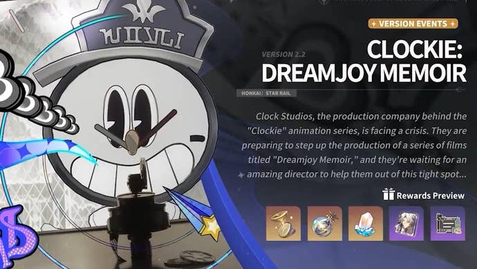 An image of Clockie and rewards shown for the Clockie Dreamjoy Memoir event in Honkai Star Rail.