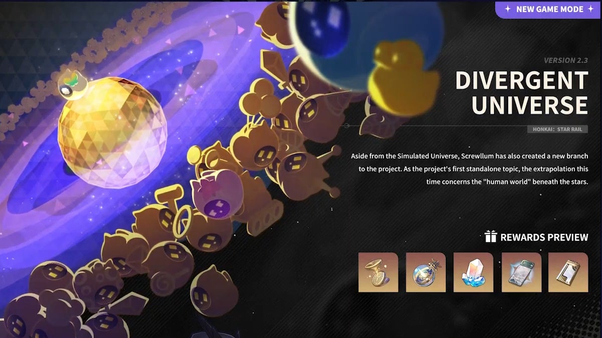 Art and description for the Divergent Universe permanent Simulated Universe mode coming to Honkai Star Rail in version 2.3.
