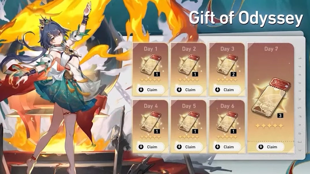 Gift of Odyssey event details for free Special Star Passes, with a picture of Yunli.