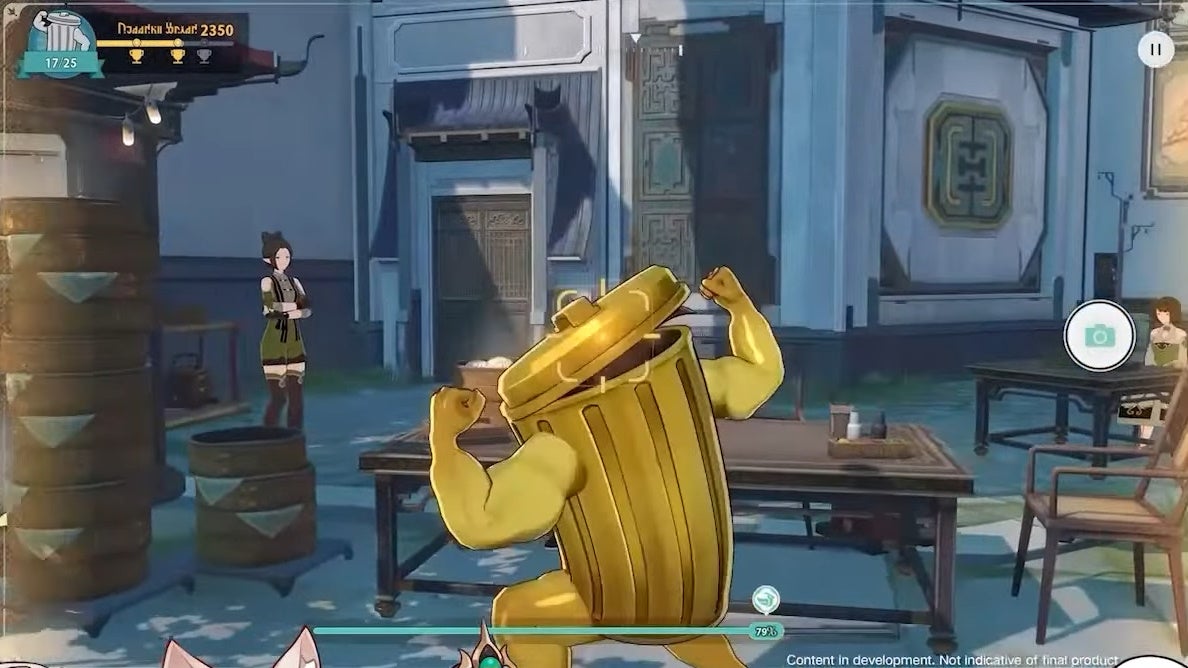 Camera view of a golden Lordly Trashcan flexing in Honkai Star Rail.