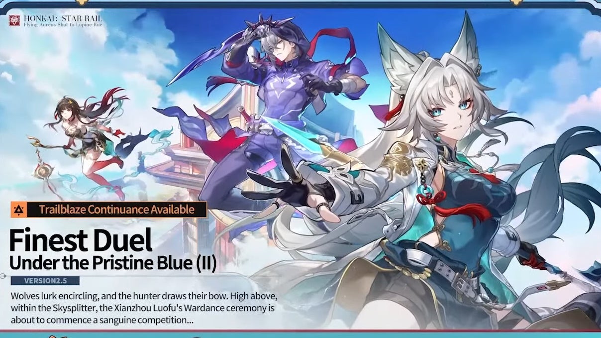 Key art for Honkai Star Rail version 2.5 with Feixiao, Moze, and Lingsha, and text details on a new Trailblaze Continuation Mission.