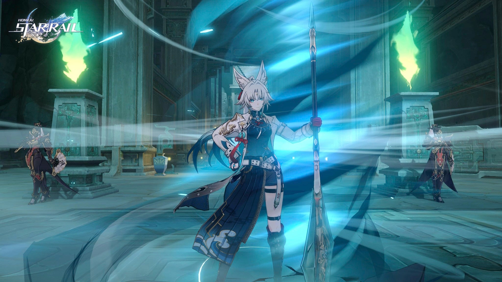 Feixia posing while using her Technique to create a whirlwind in Honkai Star Rail.