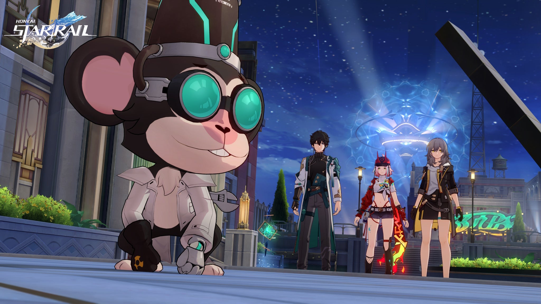 Stelle, Rappa, and Dan Heng looking at a monkey dressed in a top hat and goggles in Honkai Star Rail.
