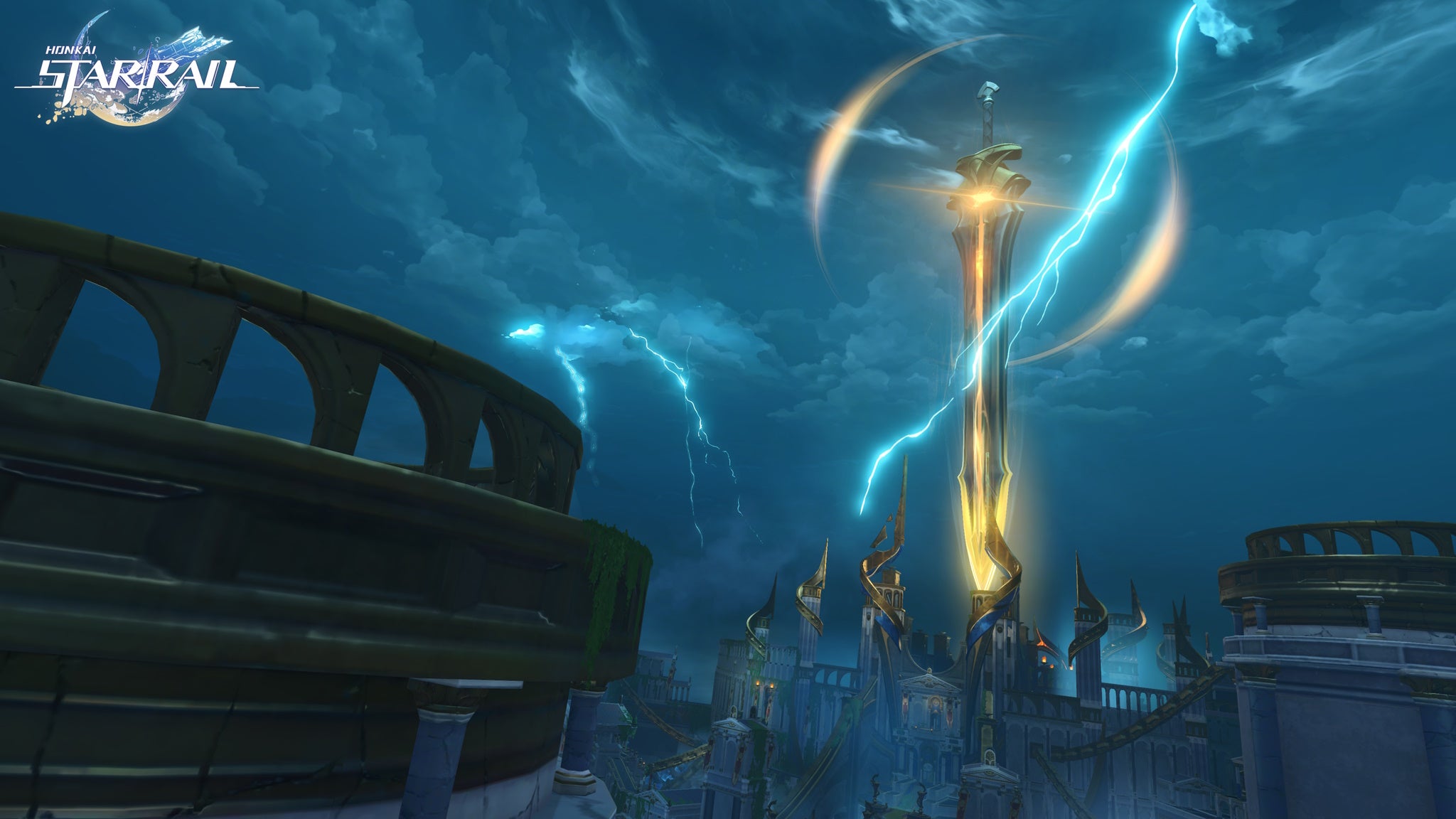 Amphoreus landscape at night in Honkai: Star Rail.