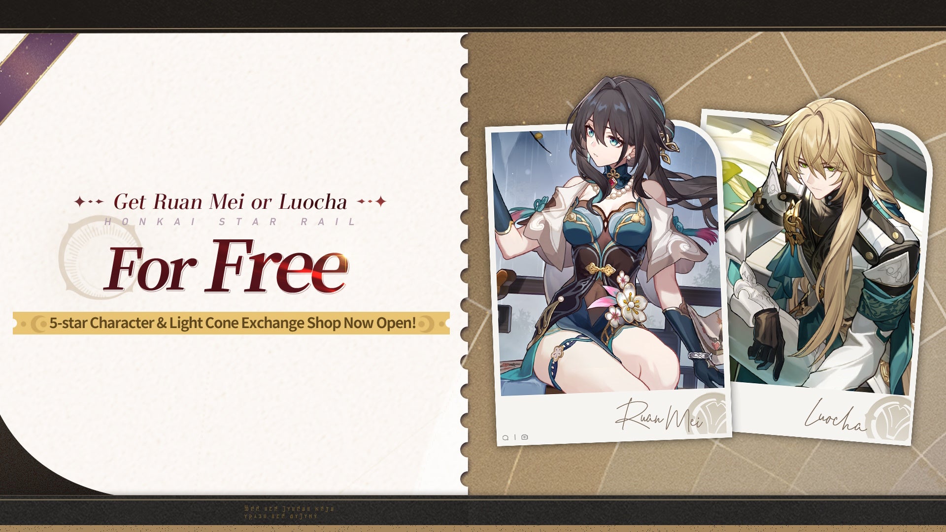 Ruan Mei and Luocha artwork with details of them being free in version 3.2 of Honkai Star Rail.