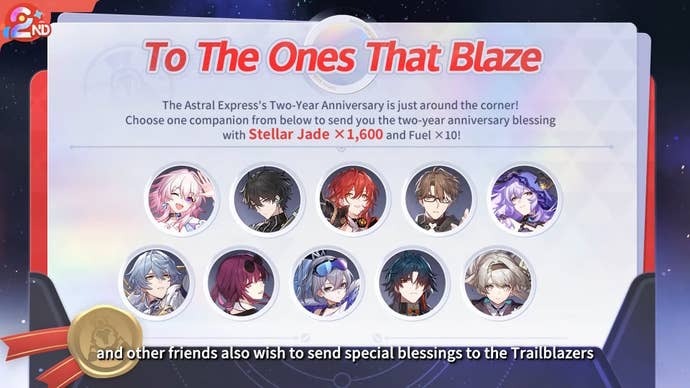 Anniversary rewards and character greeting details for the second anniversary of Honkai Star Rail.