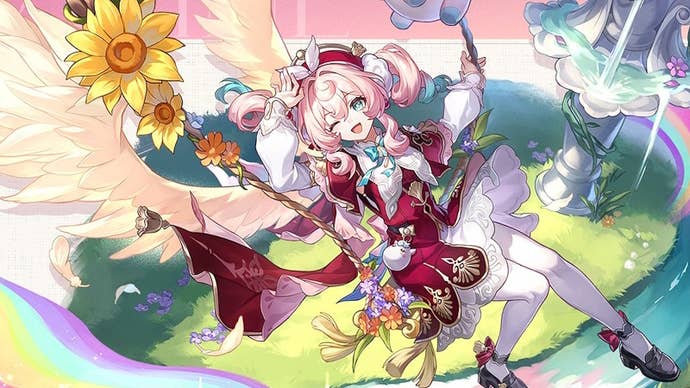 Cropped drip marketing for Hyacine from Honkai Star Rail.