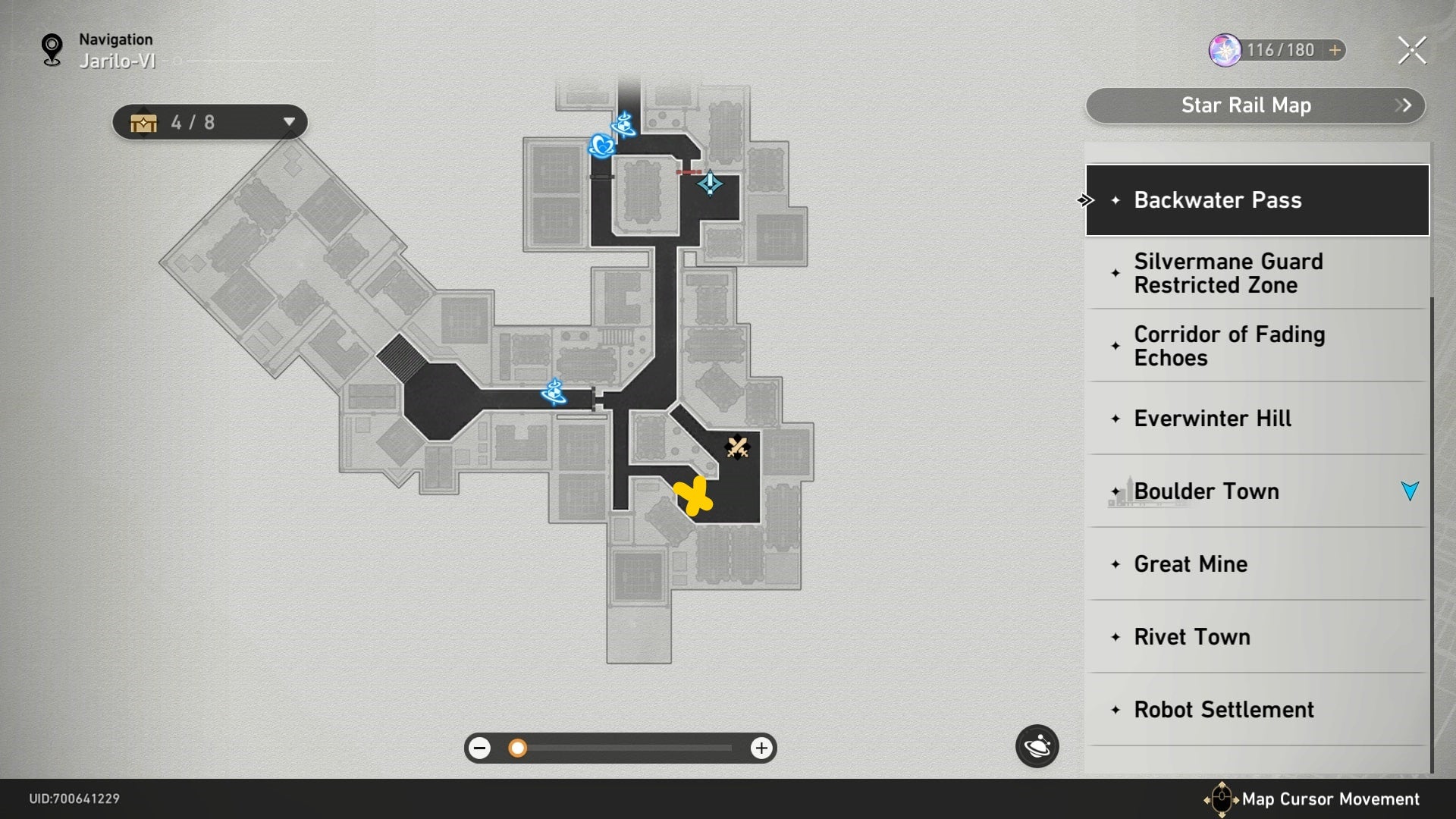 A map of Backwater Pass with some treasure marked on it in Honkai Star Rail