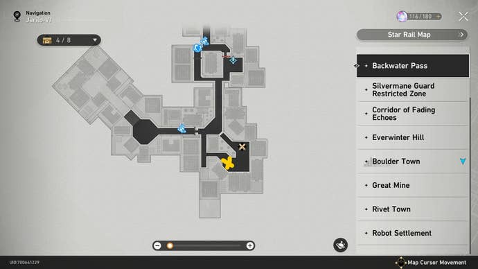 A map of Backwater Pass with some treasure marked on it in Honkai Star Rail