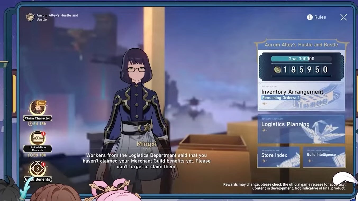 Menu showing different planning and reward options for the hustle and bustle event.