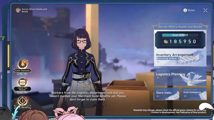 Menu showing different planning and reward options for the hustle and bustle event.