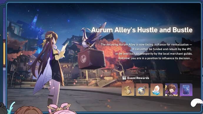 Sushang in arum alley artwork with hustle and bustle reward pictures to the right of her.