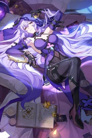 cropped splash art of black swan, a tall woman wearing a purple corset and black leggings, with long violet hair and a purple hood