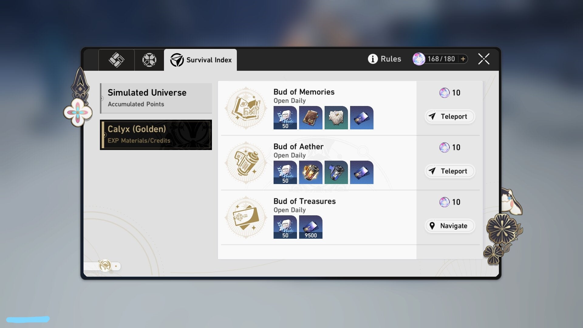 The menu of available Calyxes in Honkai Star Rail