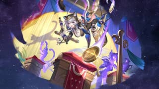 Splash art of Cipher from Honkai Star Rail on a deep blue galaxy background.