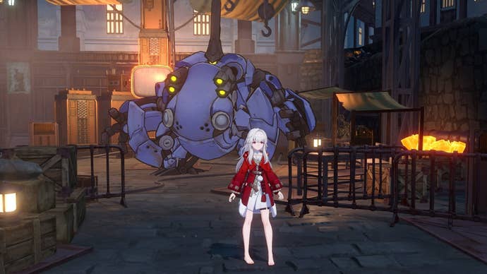 Clara stands in front of Pascal at the workshop in Belobog in Honkai Star Rail