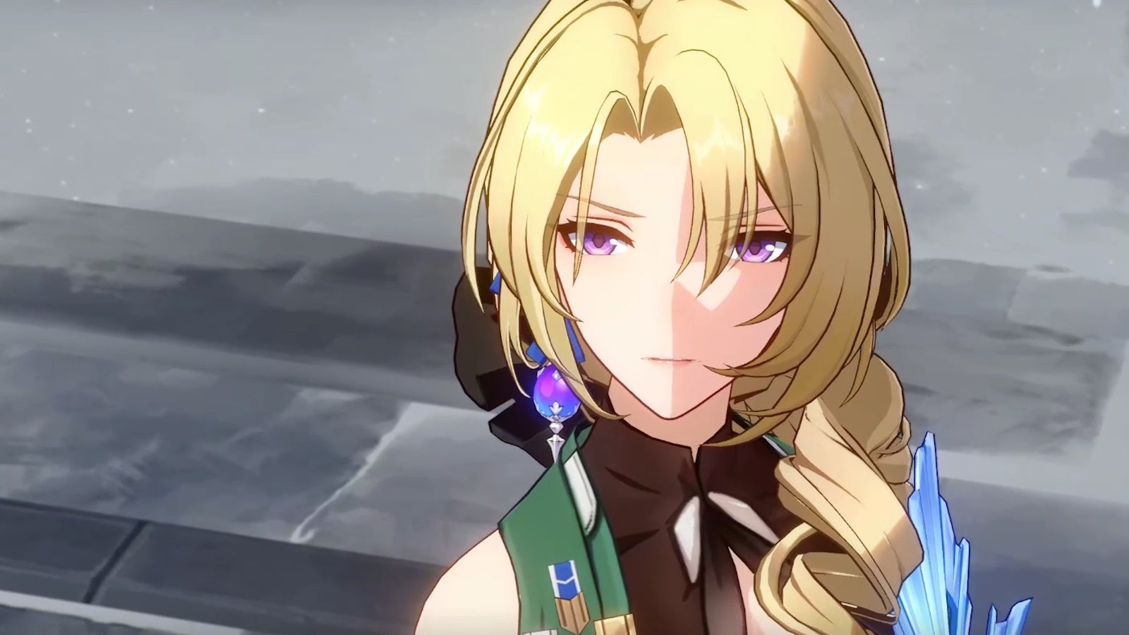 close up of cocolia looking up into the distance, on a snowy background