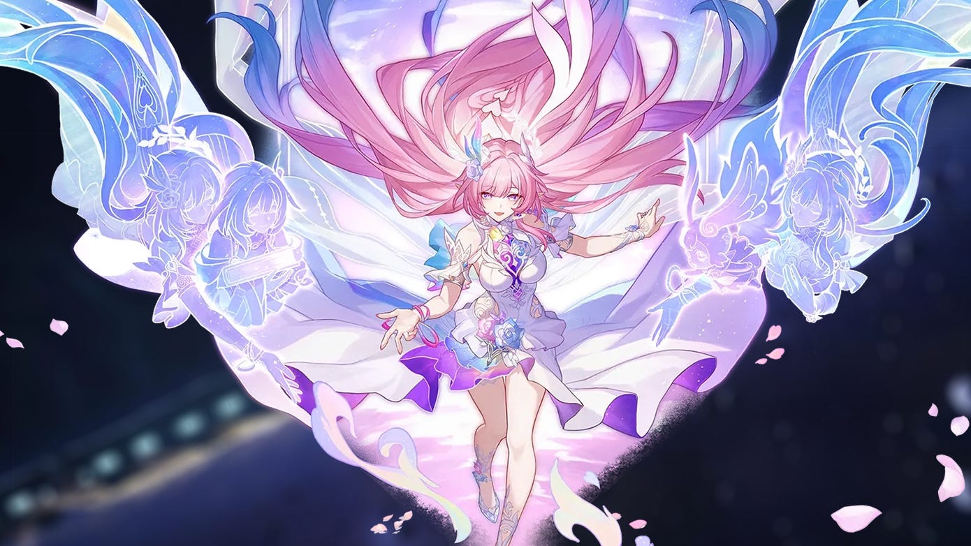 A zoomed-in image of Cyrene on a background from Honkai: Star Rail.