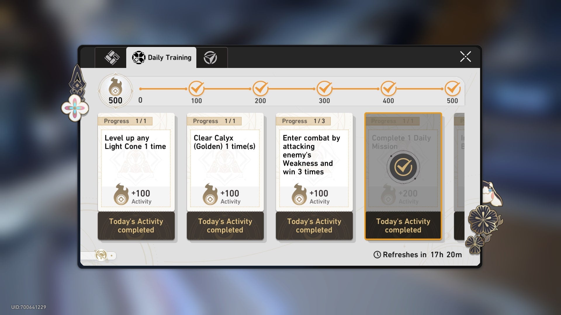 The daily training menu in Honkai Star Rail detailing tasks players can complete