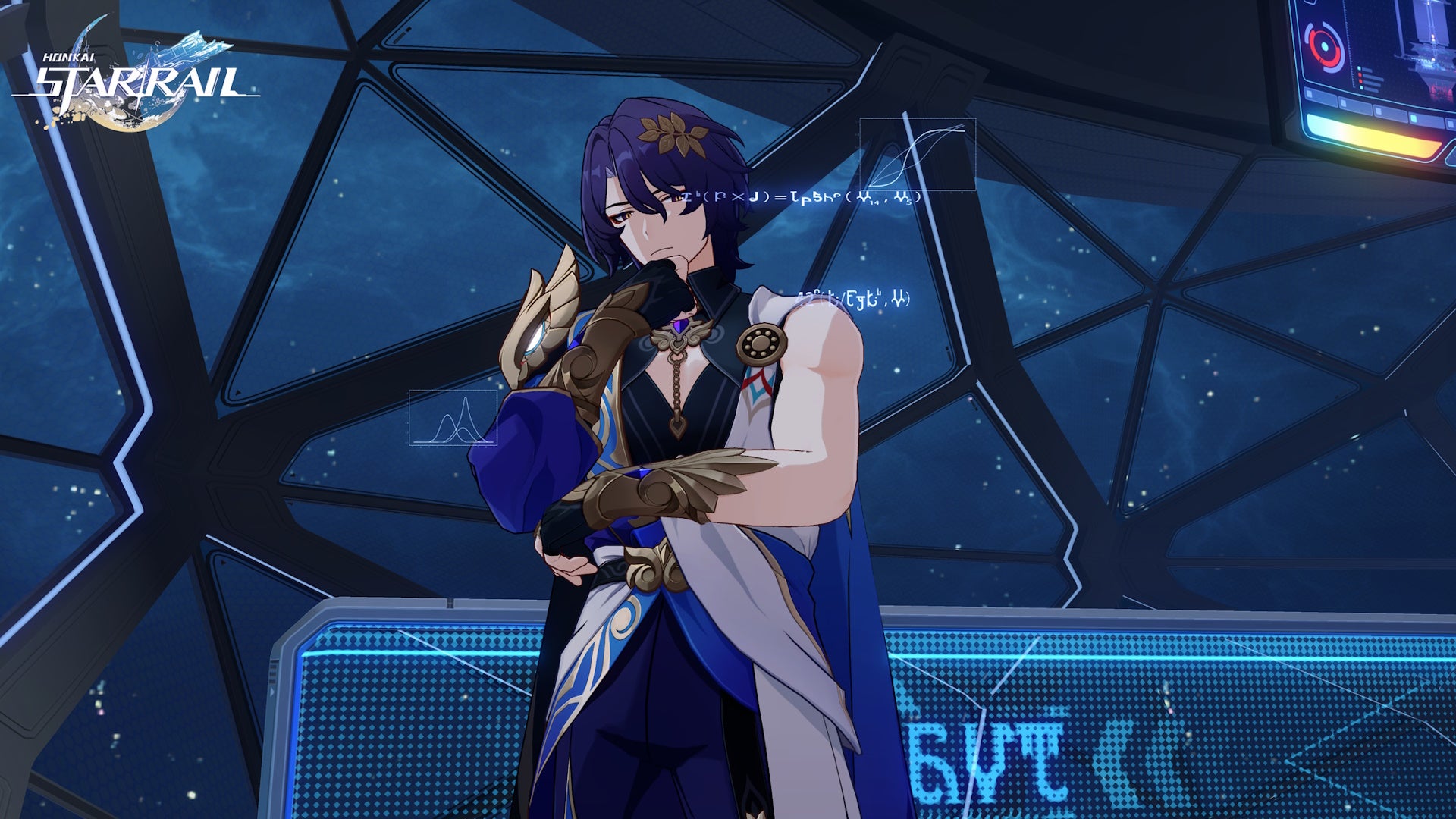 Dr Ratio standing in Herta Space Sation with a hand below his chin in a thinking pose.