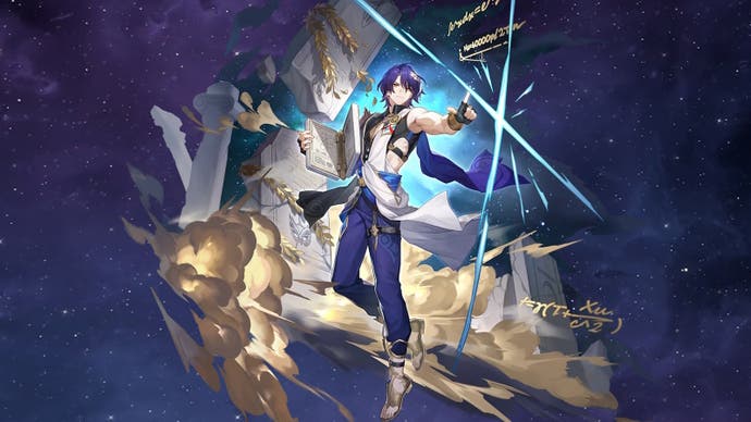 a dark blue space background with splash art of dr ratio who is a short blue haired man holding a stone book and dressed in blue trousers and a small white and black robe