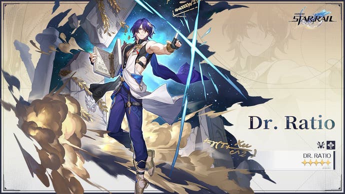 drip marketing for dr ratio, a blue haired man dressed in blue and white clothing holding  what looks like a stone book, with his name, path, and element in text
