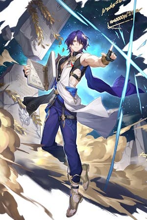cropped splash art of dr ratio who is a short blue haired man holding a stone book and dressed in blue trousers and a small white and black robe